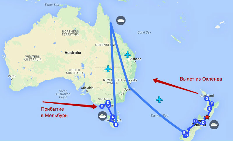 Карта тура Национальные парки Австралии и Новой Зеландии